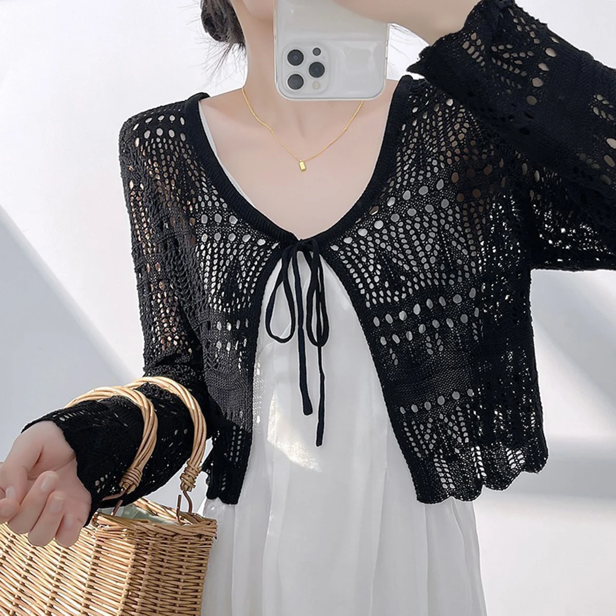 1pc Women's Thin Shrug Cover Up Sun Protection Shawl, Long Sleeve Cover-Up Top For Summer, Pairs With Camisole Dress image 3