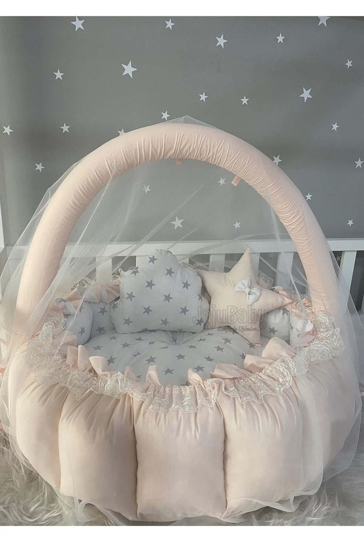 

Handmade Salmon Color Retractable - Collapsible Play Mat with Mosquito Net Apparatus Babynest