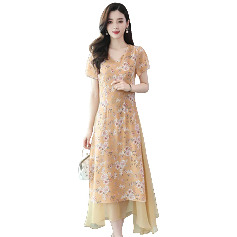 V-neck print dress 2025 summer new fashion mother age reduction long section waist cover belly dress female