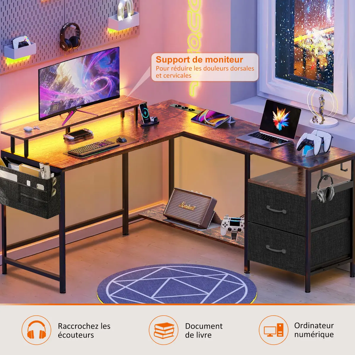 Bureau de jeu en forme de L Mihtrov avec étagère de bureau, table d'ordinateur ergonomique avec ports USB et prise de courant, tables de jeu d'angle L