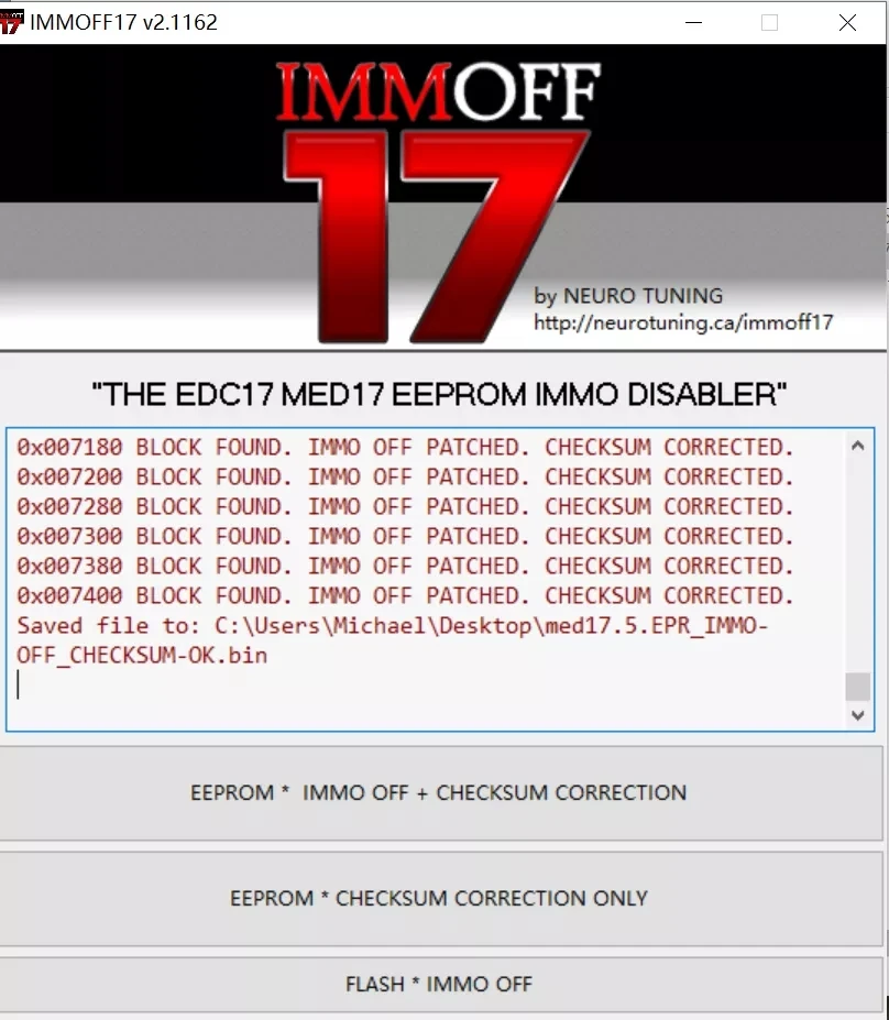 IMMOFF17 with keygen Car software Immo Off Ecu EDC17 MED17 Ecu Program Neurotuning EEPROM Checksum Correction Windows 7