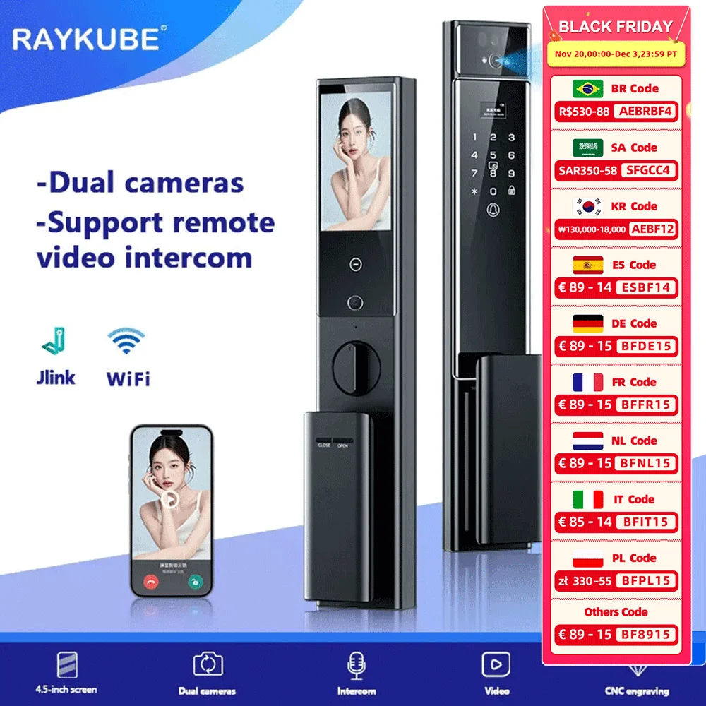 

RAYKUBE S90 Jlink WiFi 3D Facial Palm Vein Recognition Rechargeable Smart Fingerprint Lock With Dual WIFI Cameras APP Video Call
