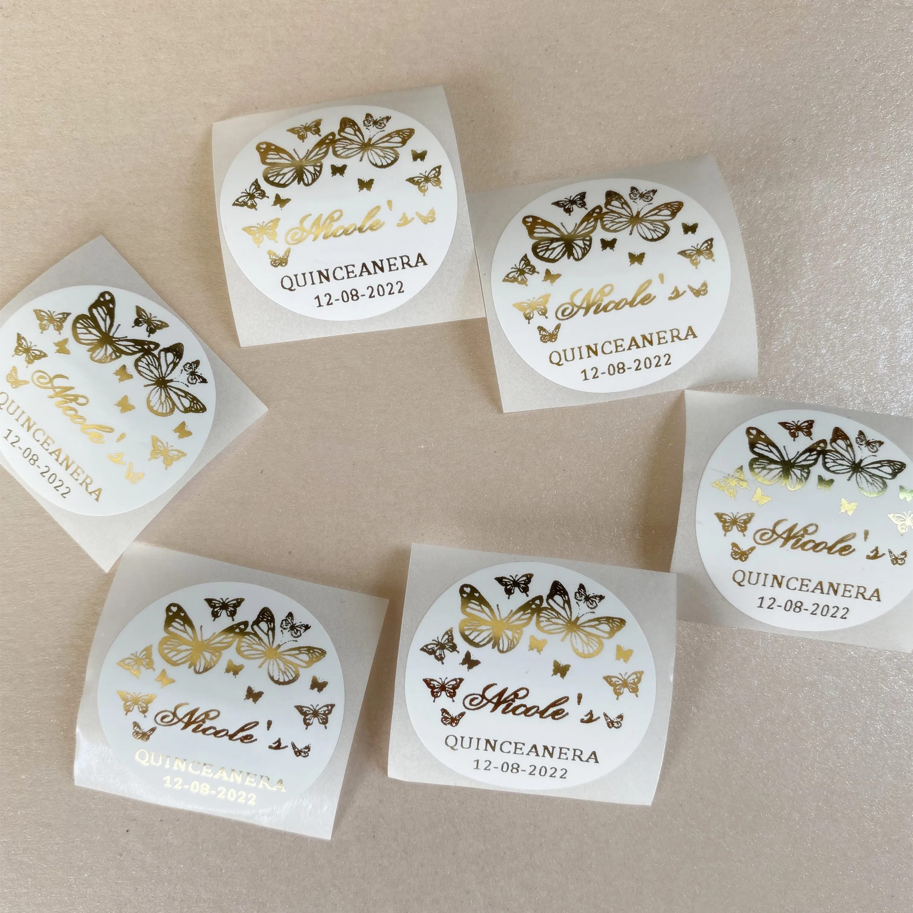 Personalized Quinceanera Gold Floral Butterflies Princess Favor Classic Round Label Birthday Baby Shower Party Thank you Sticker