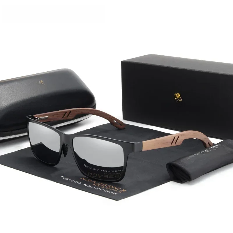 KINGSEVEN Aluminium Handgemachte Walnuss Holz Sonnenbrille Männer Hohe Qualität Polarisierte Sonnenbrille Für Frauen Anti-Glare Spiegel Objektiv