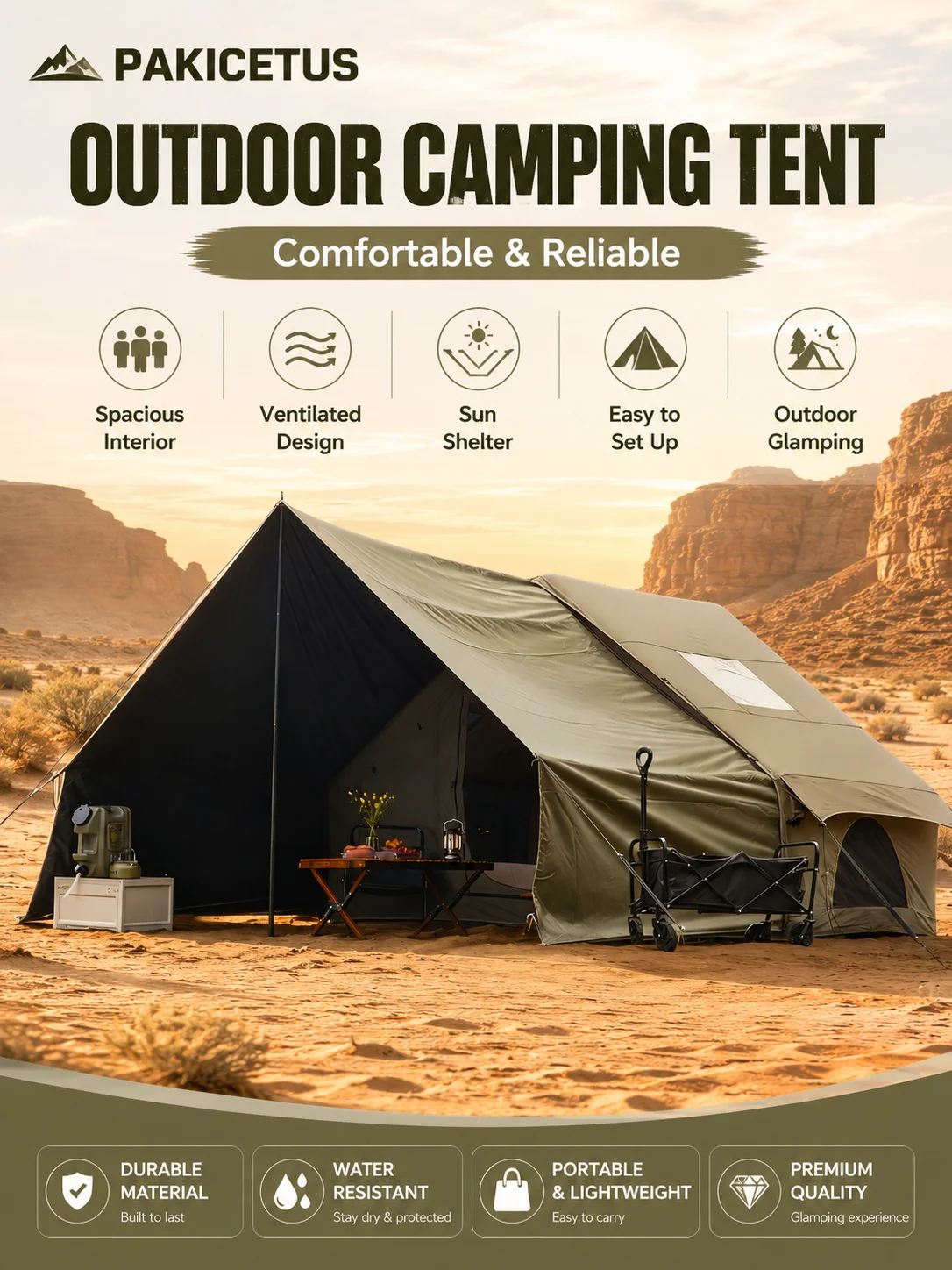 Luxuriöses aufblasbares Campingzelt, Premium-Glampingzelt mit Netzfenstern und großem Wohnbereich, Outdoor-Familienzelt für Camping-Ausflüge und luxuriöse Outdoor-Erlebnisse.