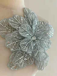 Gray Bead Lace Applique, Heavy Bead Lace Applique, 3D Flowers Lace Applique With Beads and Rhinestones For Haute Couture