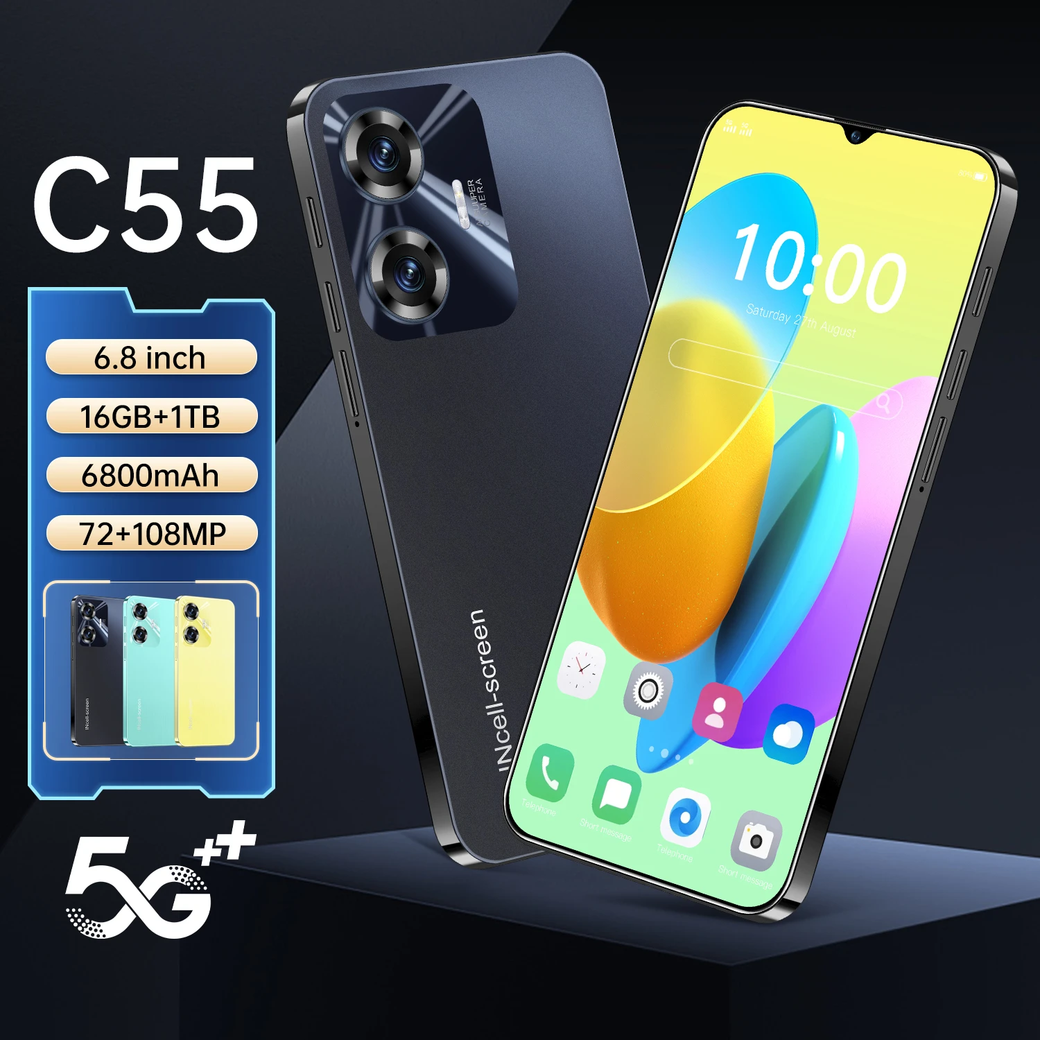 

2024 NEW Mobile Phone C55 6.8 HD Screen Smartphone 16G+1T 5G Dual Sim Celulares Android Unlocked 6800mAh cellphone