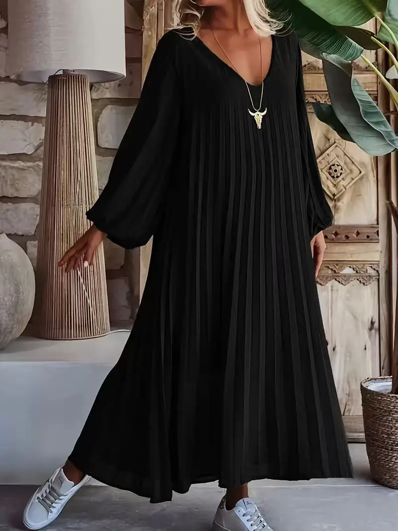 

Женское платье макси больших размеров, однотонное, свободного кроя, с длинными рукавами, плиссировкой и подкладкой, с длинным V-образным вырезом