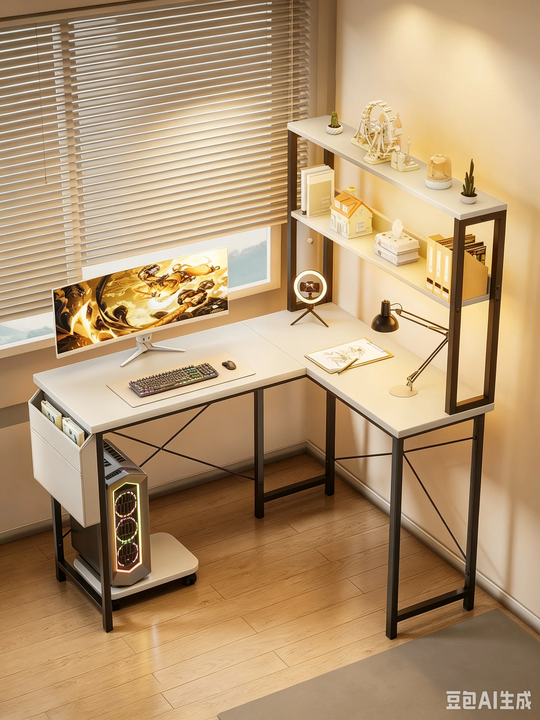 148cm L-förmiger Gaming Schreibtisch mit LED Beleuchtung, Eckschreibtisch mit 2 Ebenen Regal, PC Halterung, großer Computertisch für Gaming, Büro, Home Office