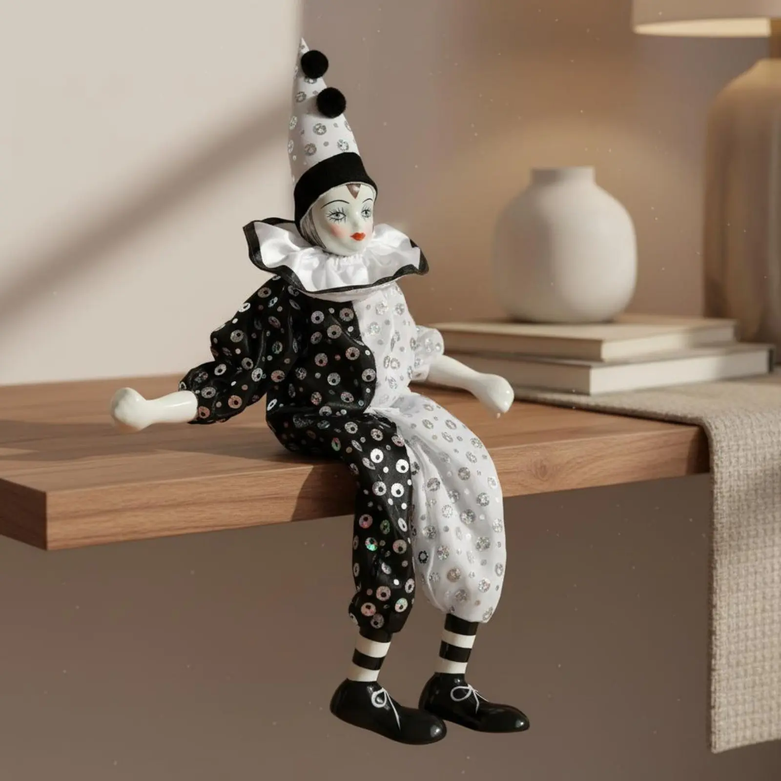 Handmade Ceramic Dangling Leg Clown Figurine Hand Painted Porcelain Harlequin Satin Sequin Cafe Desktop Decor Collectible Gift