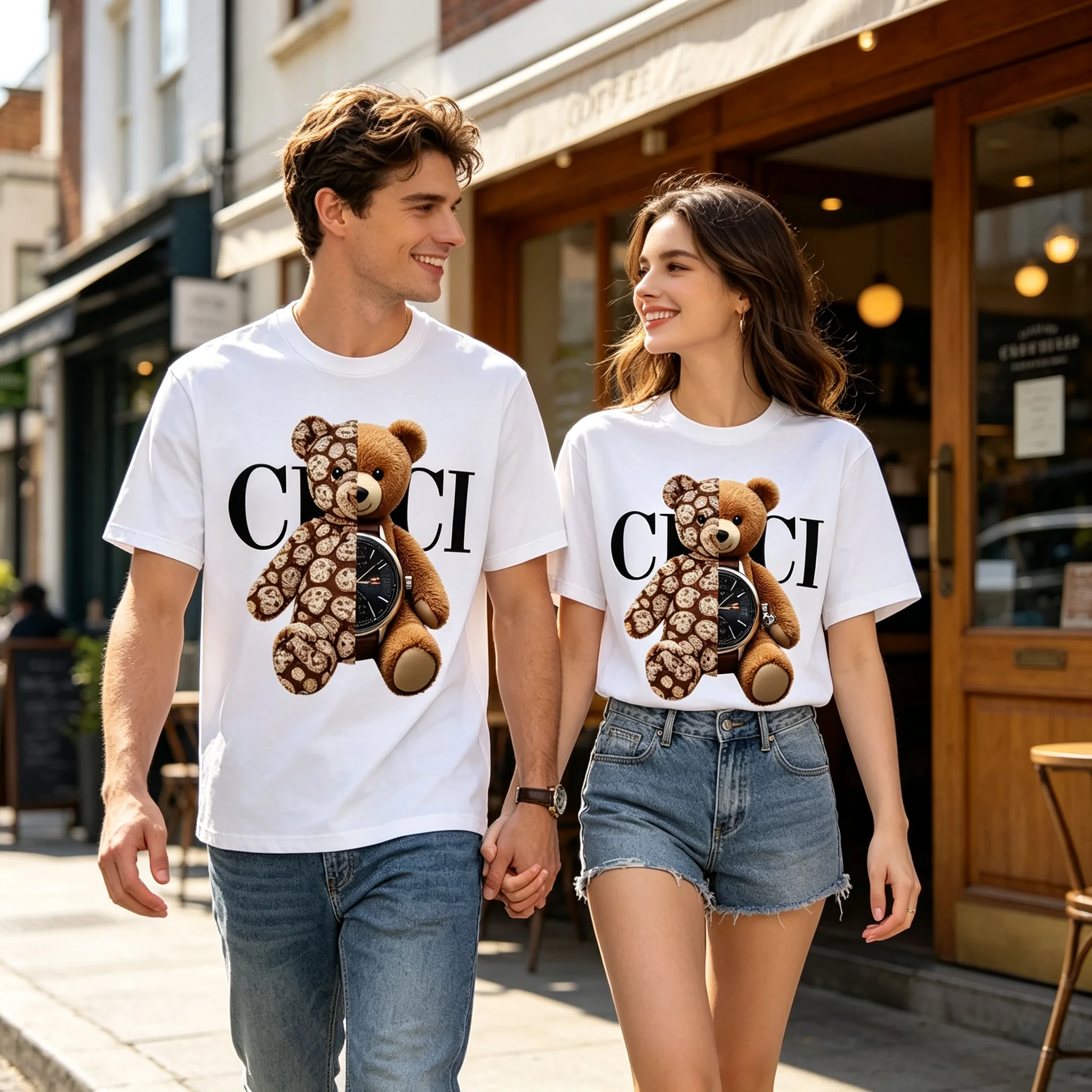 Stylish Split Teddy Bear Watch Graphic T‑Shirt, Fashion Patchwork Bear Casual Short Sleeve Tee for Men Women