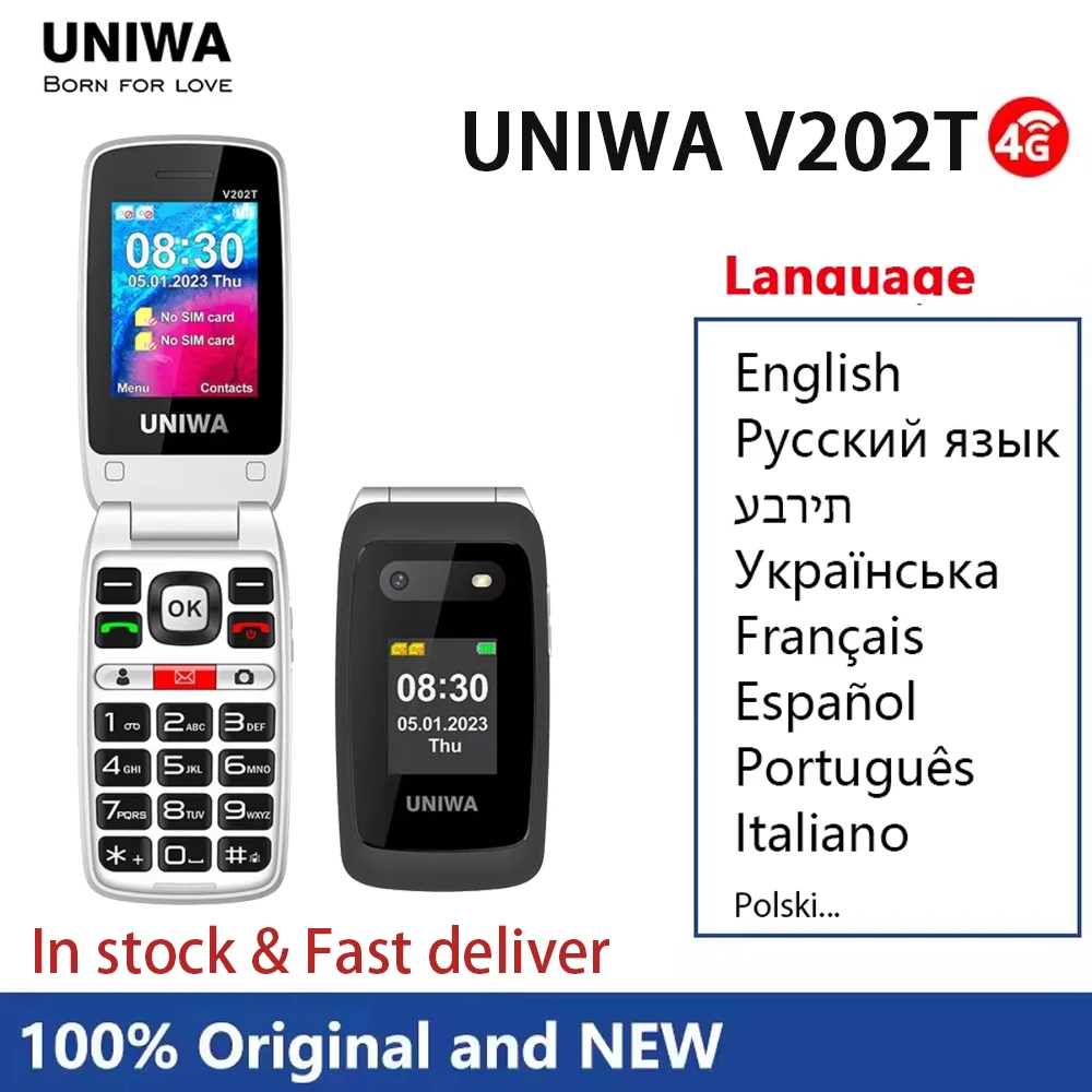 UNIWA V202T 4G VoLTE Phone Double Screen 1450mAh Big Fronts SOS Button Flip Phones Support HAC Russian keyboard Multi-language