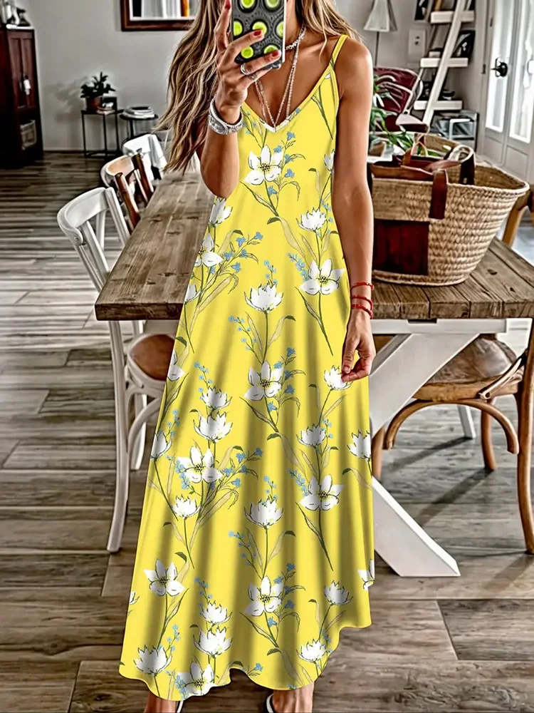 Sunflower Flower Print Sexy Suspender V-neck Dress Street Fashion Temperament Dress Long Evening Dress For Friends Party