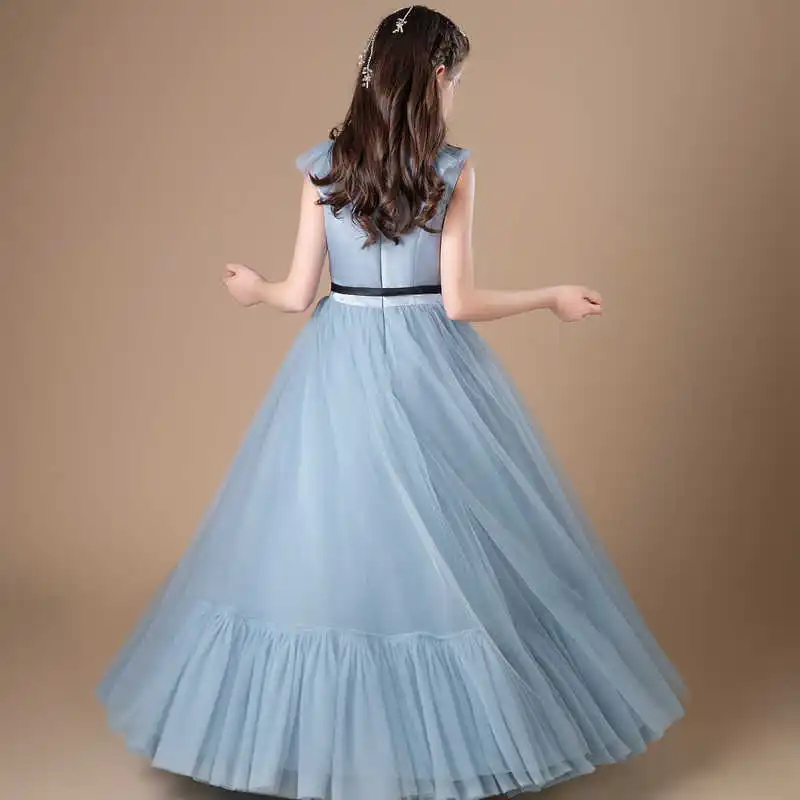 Robe de princesse en tulle pour filles, longueur au sol, sans manches, col rond, élégante et simple, 2006