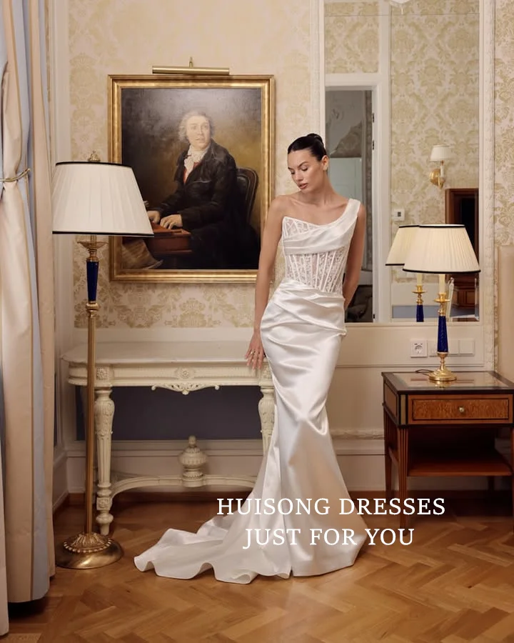 

HUISONG Customized suknia ślubna Satin Mermaid Wedding Dresses Lace Appliques One Shoulder Sleeveless Bridal Gown