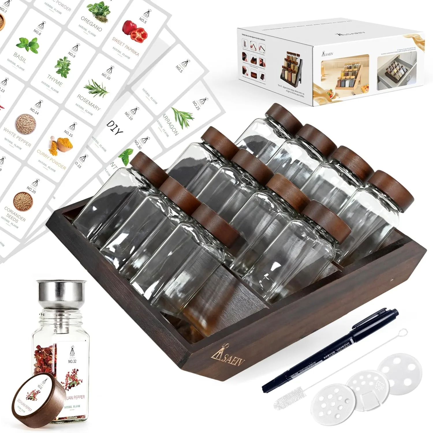 12/21/24 Stück 120 ml Gewürzflaschen-Set und 1 Gewürzregal aus Acacia-Holz, enthält außerdem Etikettenpapier usw., kann aufrecht aufgestellt werden, leicht zu verstauen, BPA-frei.