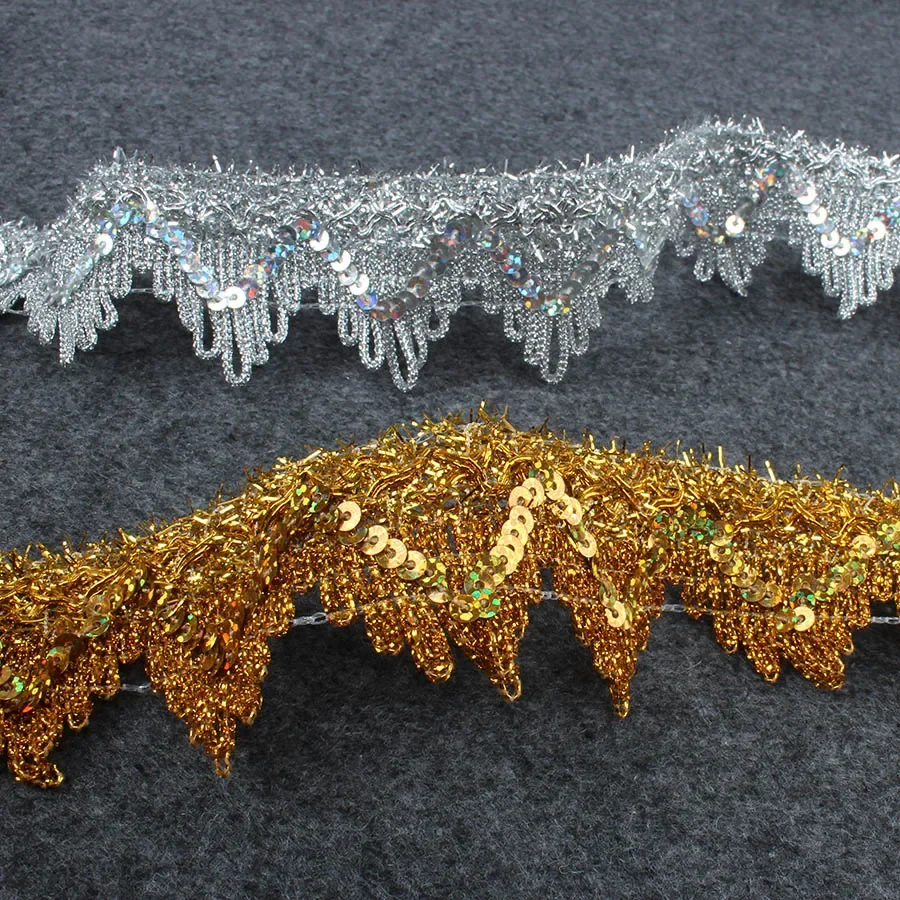 14 jardów złoto srebro poliester koronkowa wstążka wykończenia na występy na scenie impreza DIY szycie odzieży ręcznie robione materiały o szerokości 4 cm — zdjęcie 2