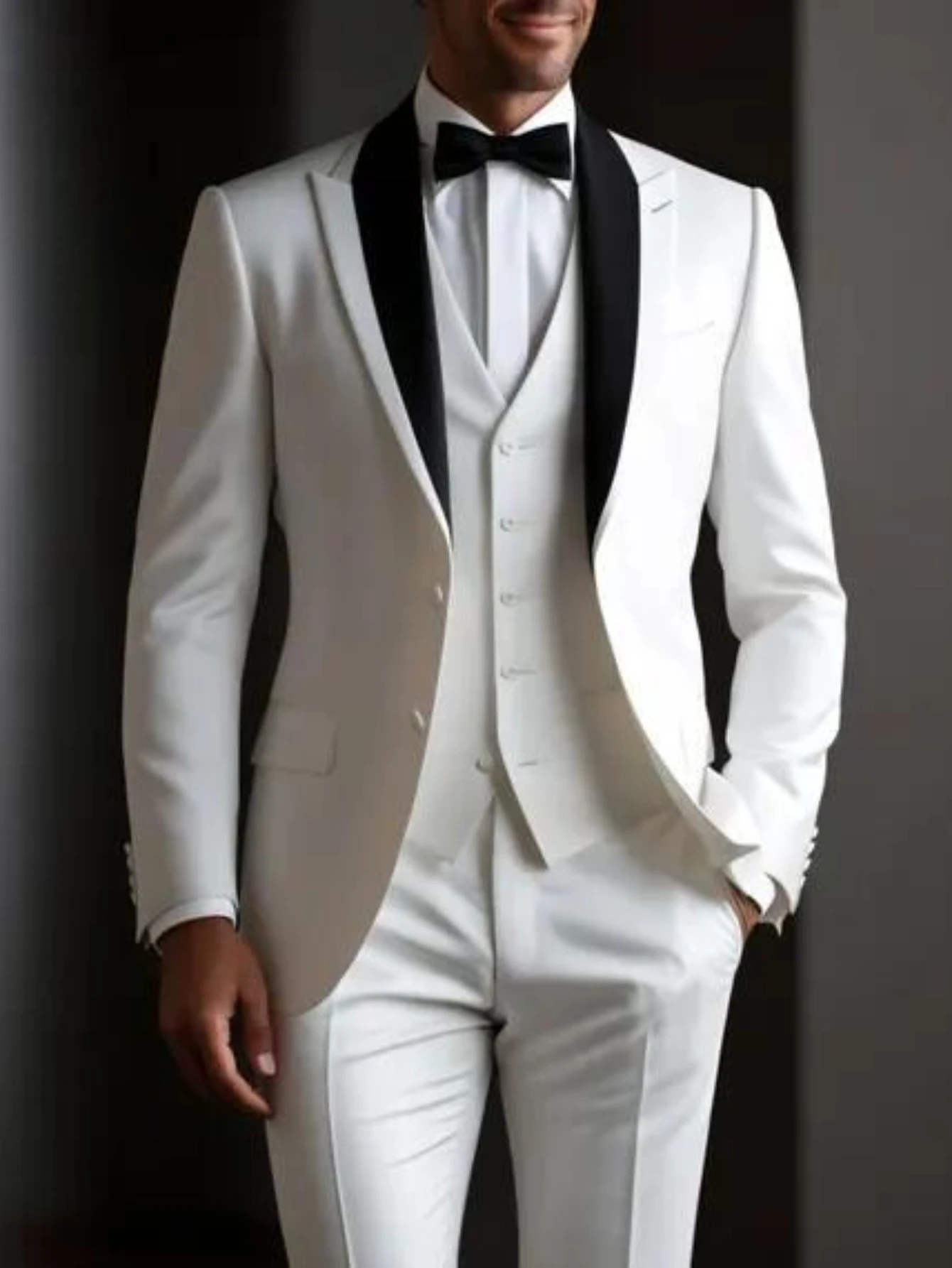 

Black Collar Ivory Men Suit Wedding Party Formal Groom Groomsman Prom Business Male Tuxedos 3 Piece Set Jacket Vest Pants