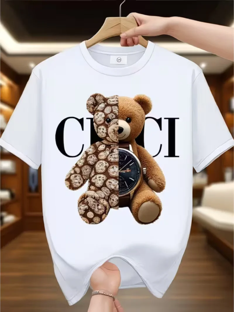 Stylish Split Teddy Bear Watch Graphic T‑Shirt, Fashion Patchwork Bear Casual Short Sleeve Tee for Men Women