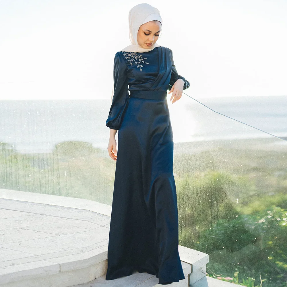 

15856# Arabic Long Sleeves Beaded Sequined Appliques Satin Muslim Hijab Evening Dress Islamic Prom Gown For Women فساتين زفاف