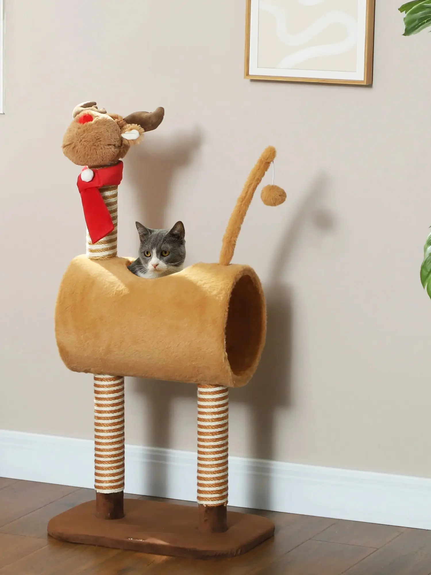 PawHut tire à gratter 98 cm cerf design tour à chat avec grotte Playball