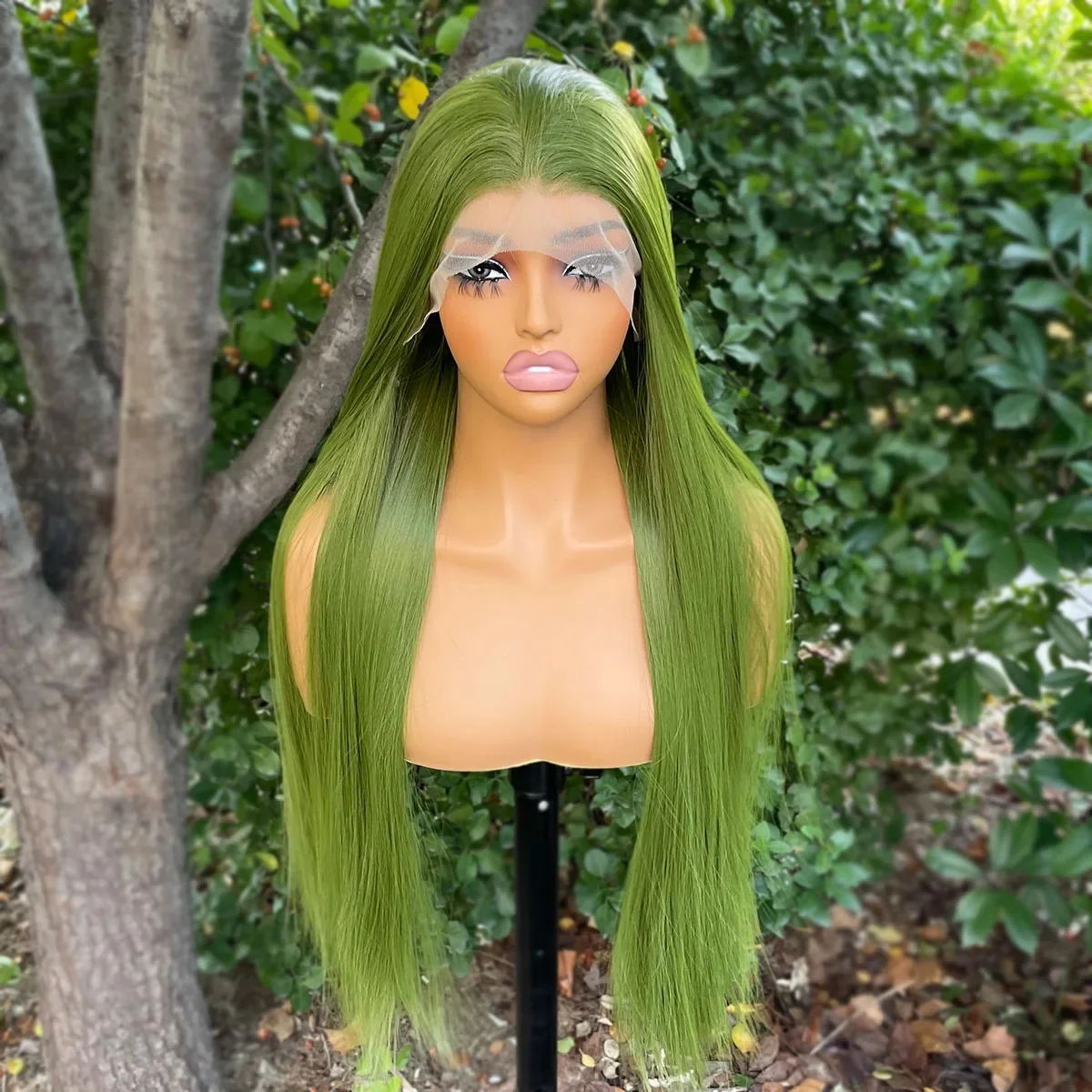 Perruques avant en dentelle verte pour femme, cheveux synthétiques longs et raides, sans colle, aspect naturel, densité 150%, 13x4, 26 po