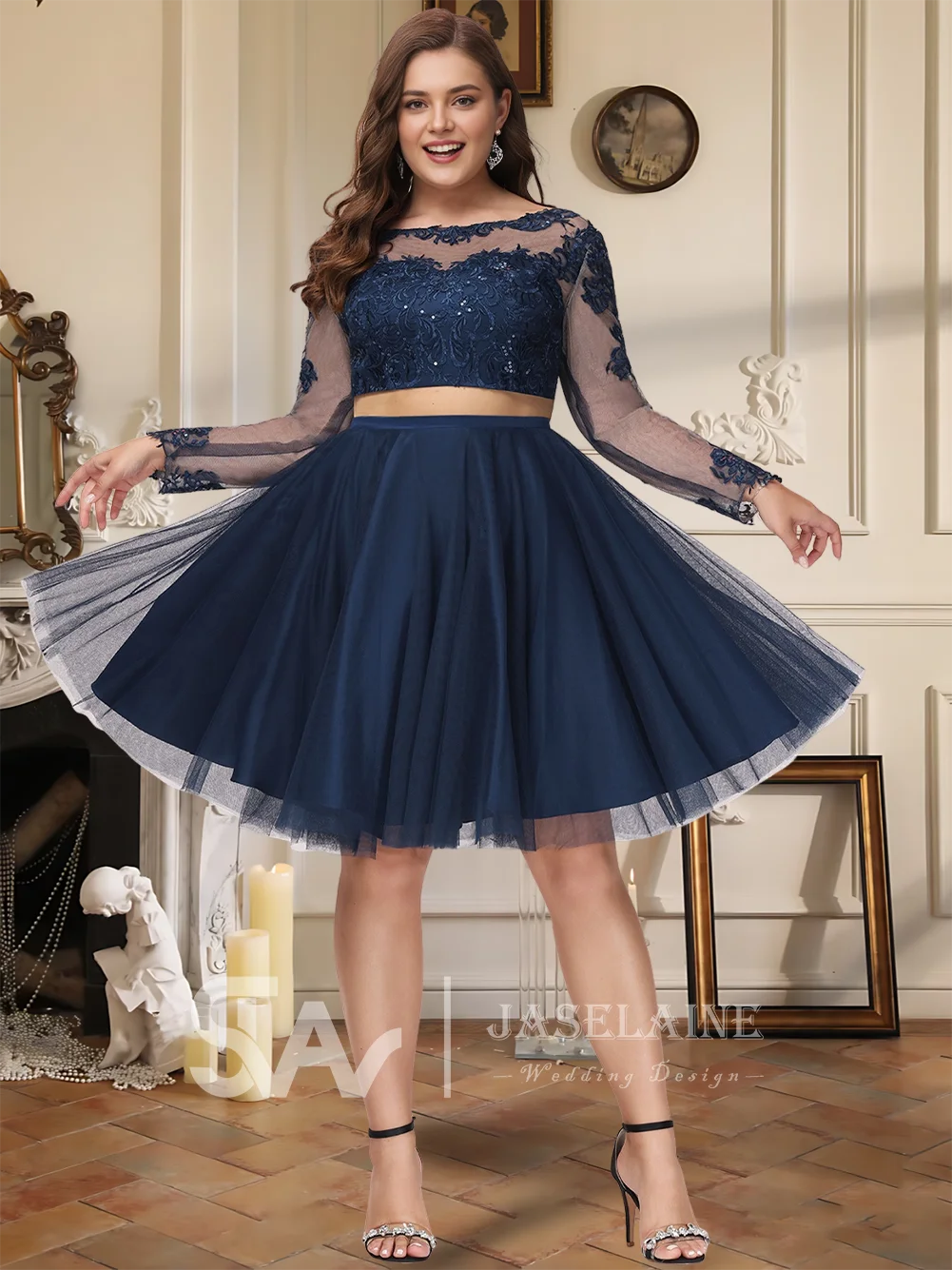 

QA Women Homecoming Dresses Prom Dresses Cocktail Short A-Line Scoop Sequined Lace Tulle Gowns Long Sleeves Formal Evening Party