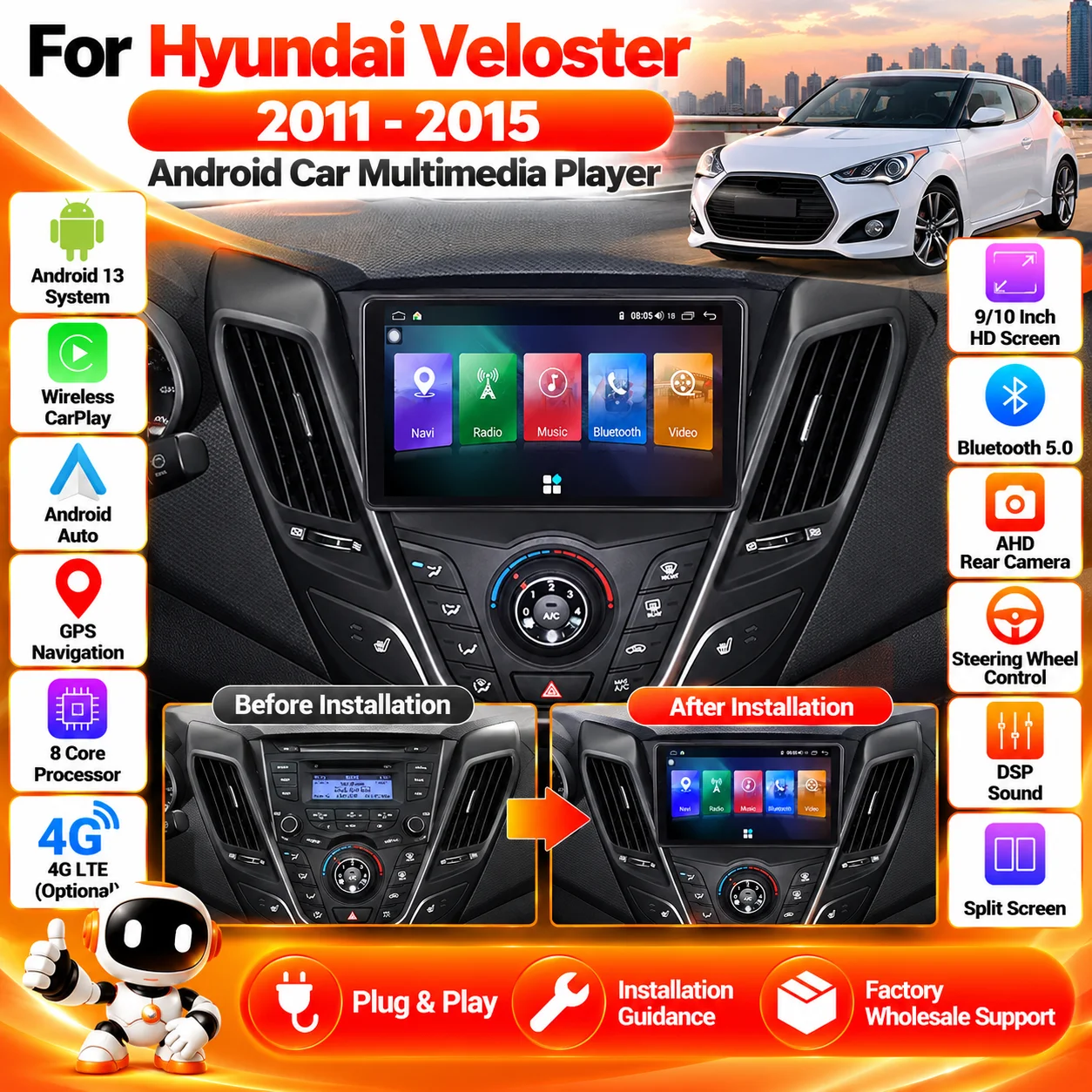 For Hyundai Veloster 2011-2015 Android Car Stereo 2Din Wireless CarPlay GPS Nav BT Multimedia Head Unit