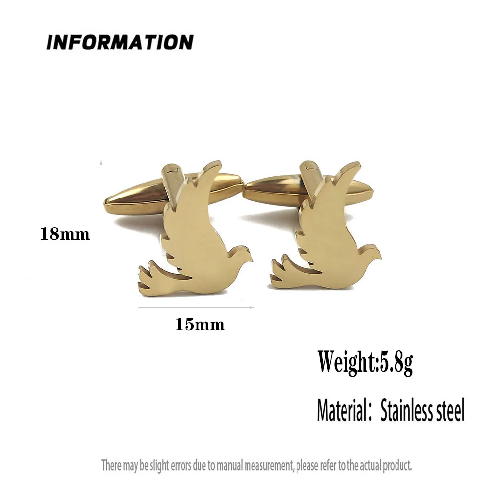 펑크 스타일의 평화의 비둘기 스테인레스 스틸 18K 금도금 커프스 단추, 실버 프렌치 셔츠 단추, 정장 웨딩 액세서리