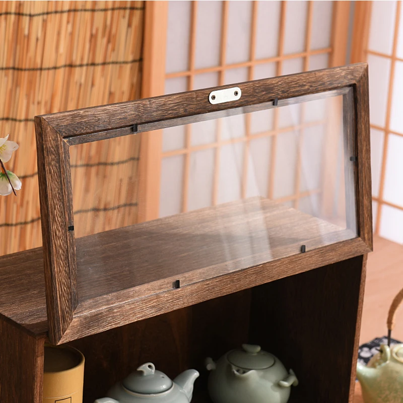 Solid wood dustproof glass teacup holder teapot display box teaware pet organizer tea display cabinet