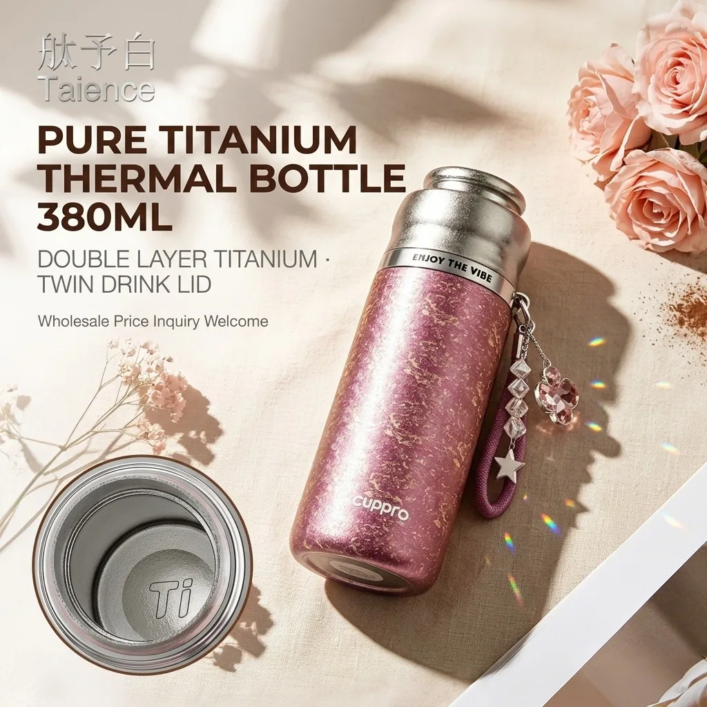 Taience Titanium Water Bottle 380ml Insulated Thermos with Magnetic Lid Tea Infuser 2 in 1 Cup Double Layer Pure Titanium