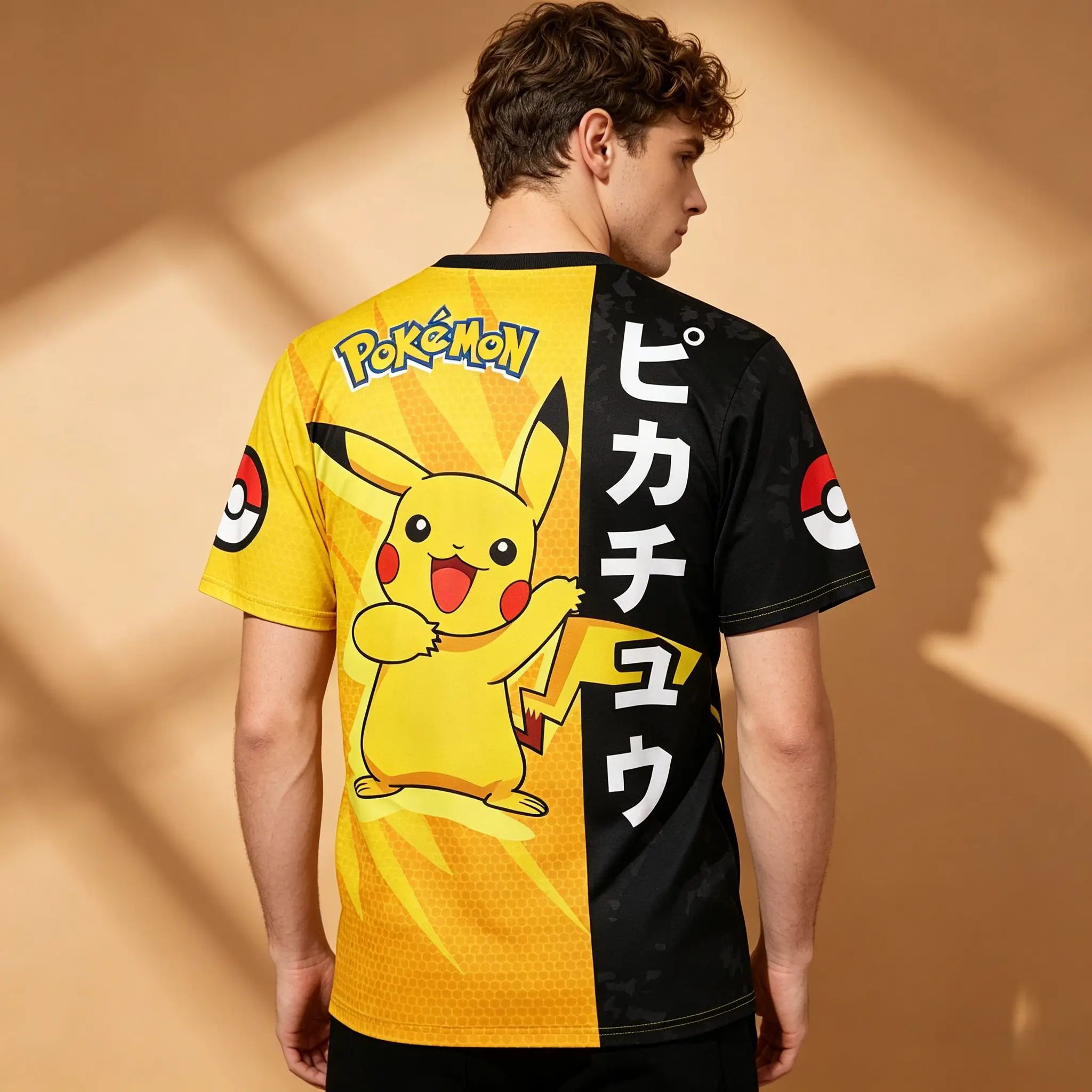 Men's Pokemon Pikachu Split Black Yellow Japanese Pokeball Sleeve Print Crew Neck T-Shirt, Anime Otaku Streetwear Short Sleeve G view 2