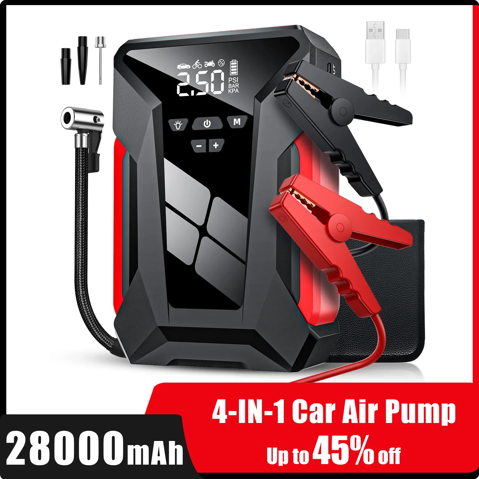 4-IN-1 28000mAh Car Jump Starter Multifunctional Automotive Emergency Power 150PSI Tire Inflator Powerbank Air Pump With Bag