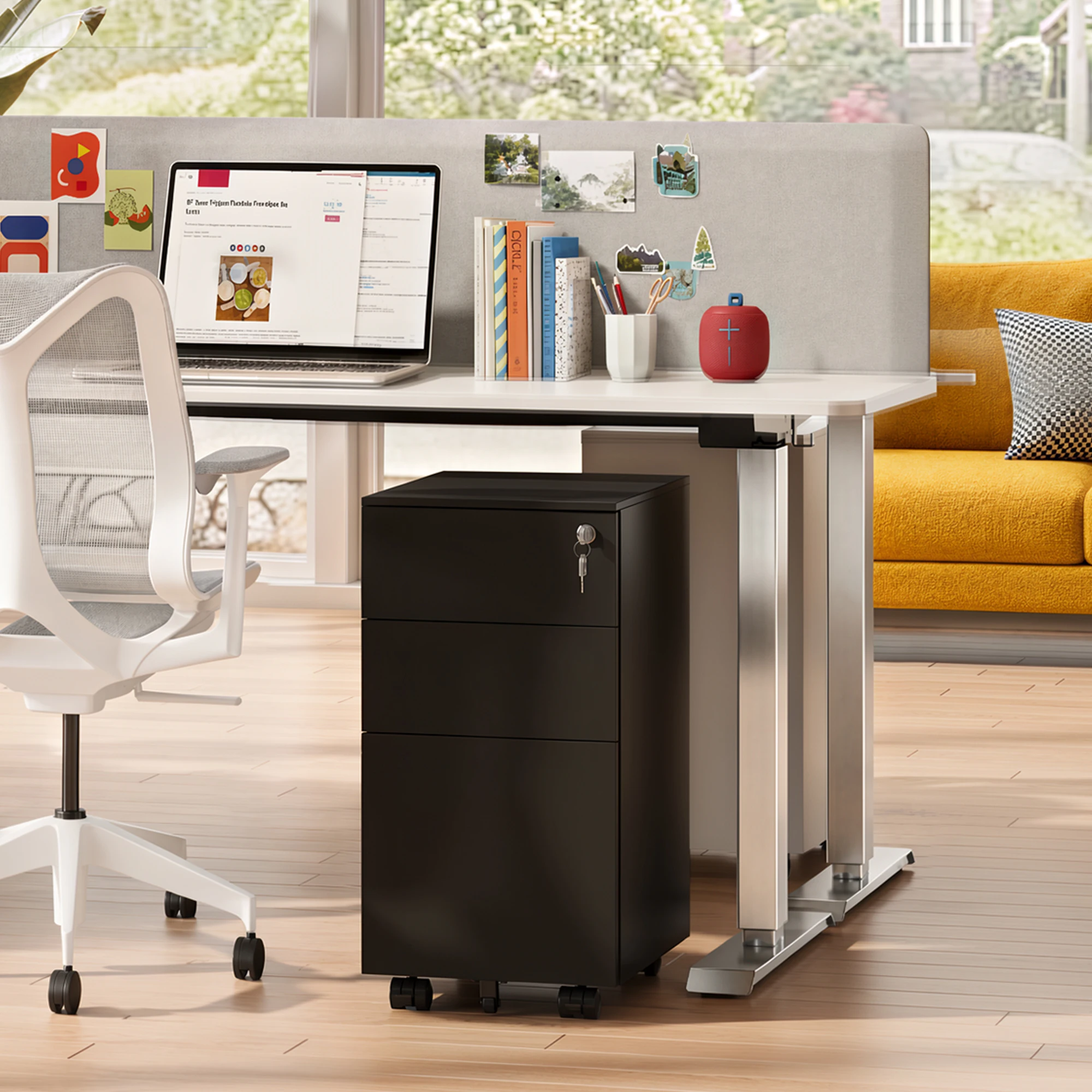 3 Drawer File Cabinet with Lock, Fully Assembled Except Casters Under Desk Metal Filing Cabinet with Wheels for Home Office Fit Legal/Letter/A4 File, Black