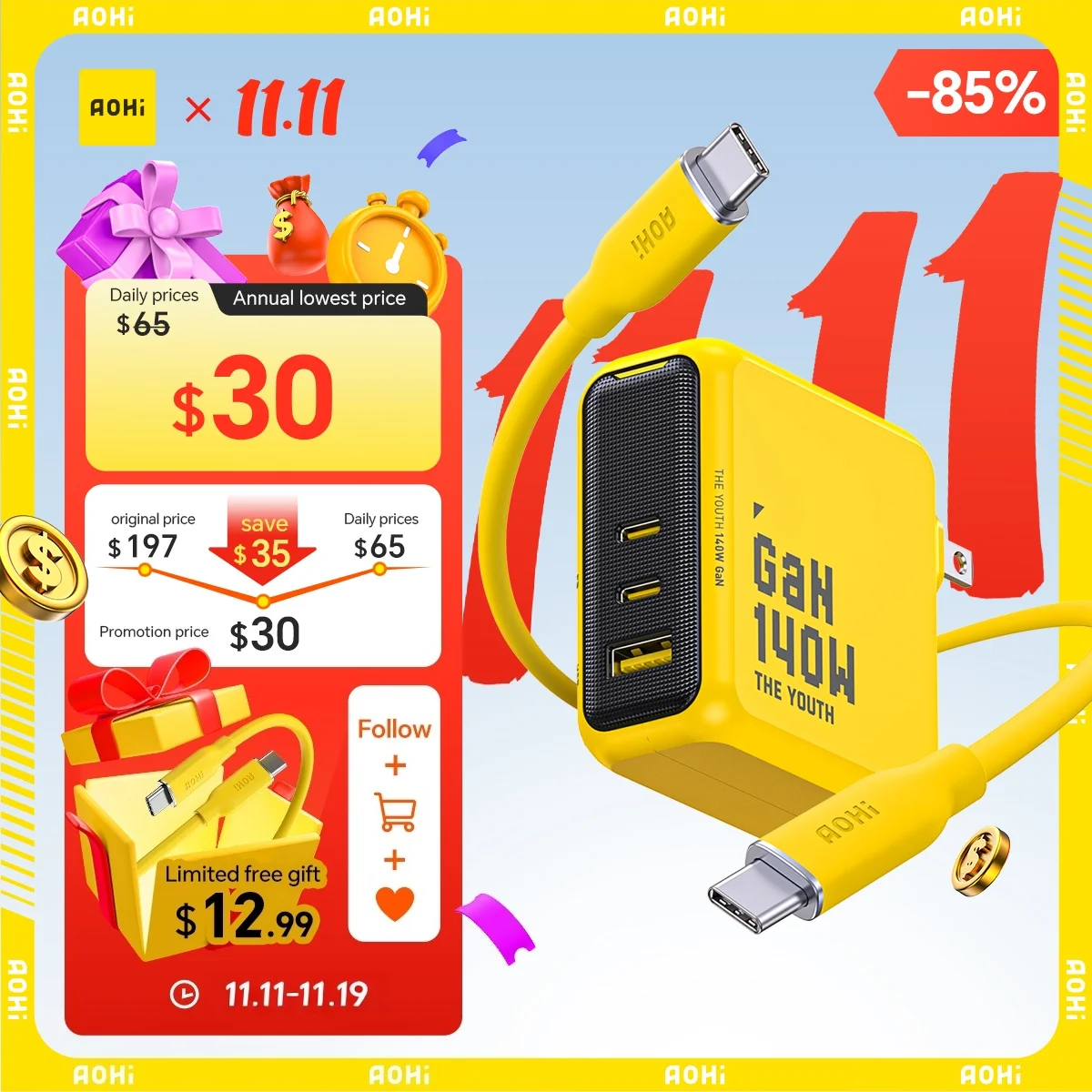 

AOHI Youth 140 Вт GaN Зарядное устройство PD3.1 3-портовый тип C Быстрая зарядка для ноутбука Macbook Pro USB Быстрое зарядное устройство для iPhone 16 Xiaomi Tablet