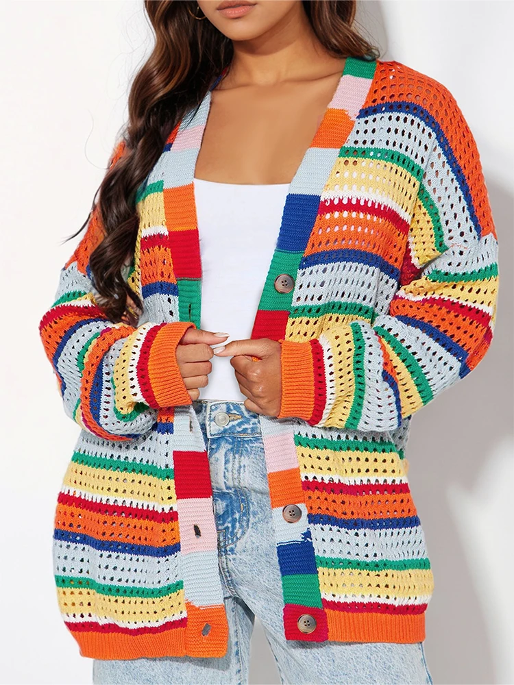 

Plus Size Women's Rainbow Stripe Knit Crochet Cardigan Sweater Long Sleeve Autumn Cozy Colorful Jacket