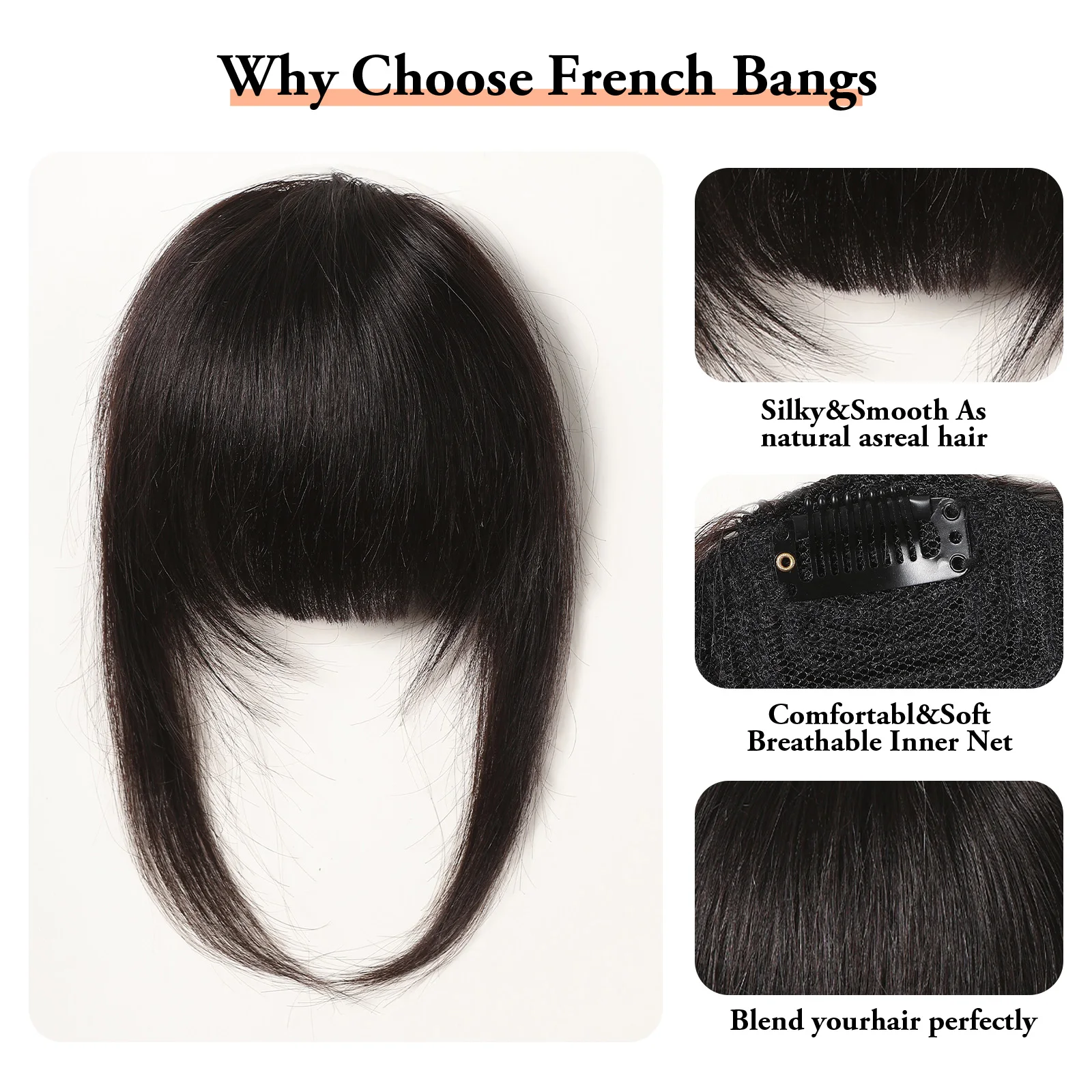 100% Remy Human Hair Bangs Fringe Hairpieces Blunt Cut Natural Air Bangs Over Head Clip In Hair Extension Dark Hair for Women