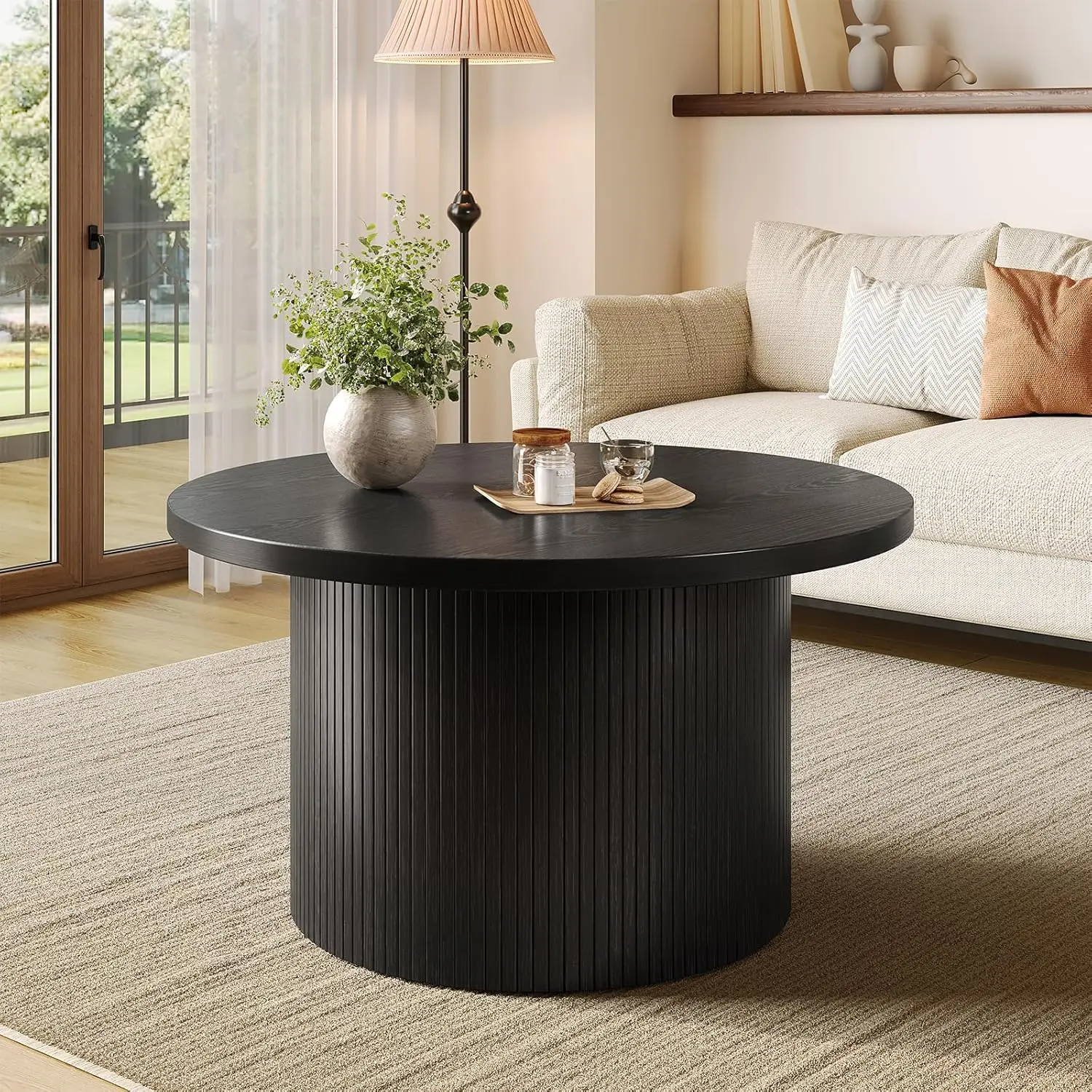 31.5" Modern Round Coffee Table Mid Century, Fluted Tambour Drum Design Engineered Wood Small Center Table for Living Room, Black