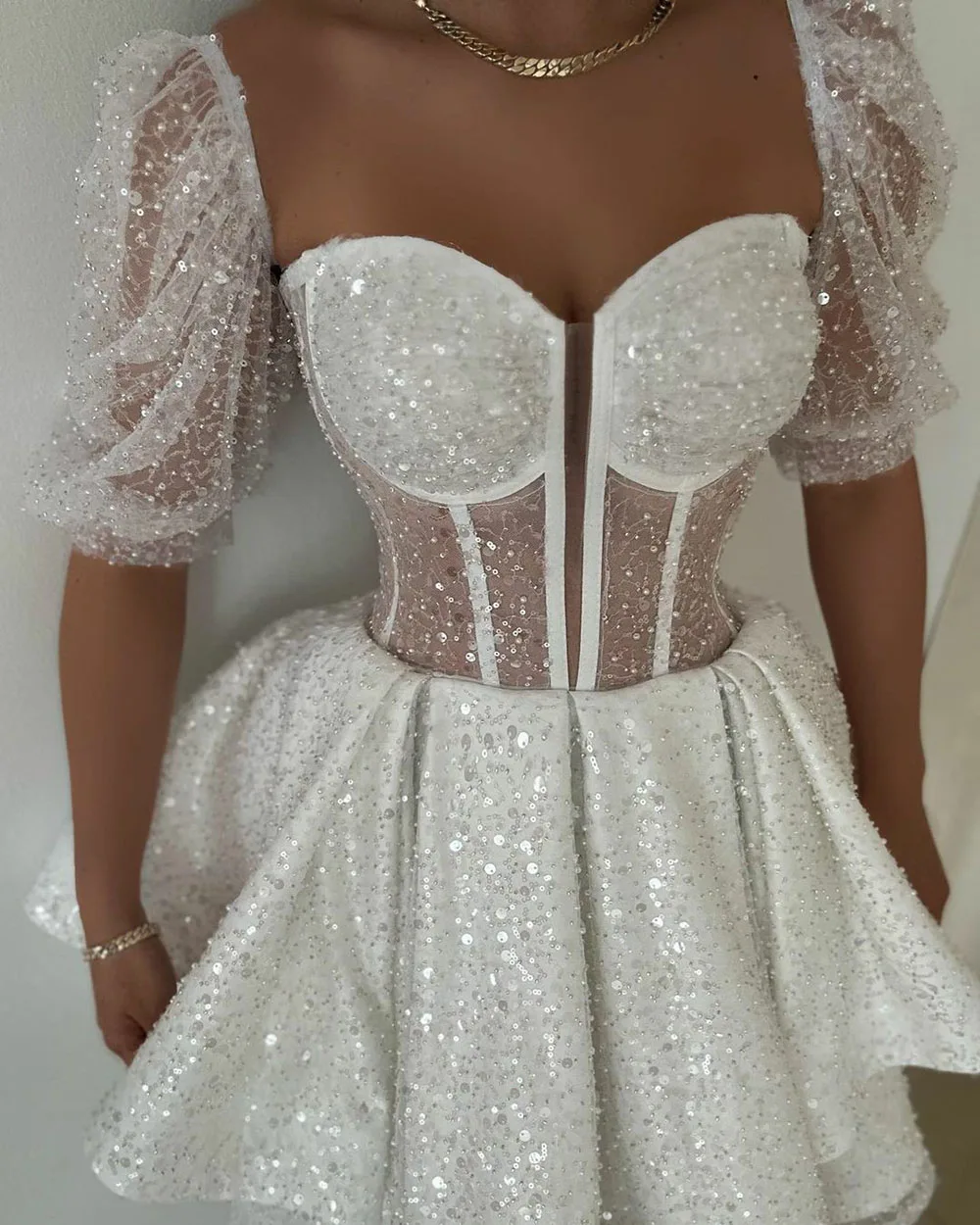 SoDoigne-minivestido de novia brillante de una línea para mujer, vestido de novia de manga corta con escote Corazón, corsé deshuesado, vestidos de fiesta de noche