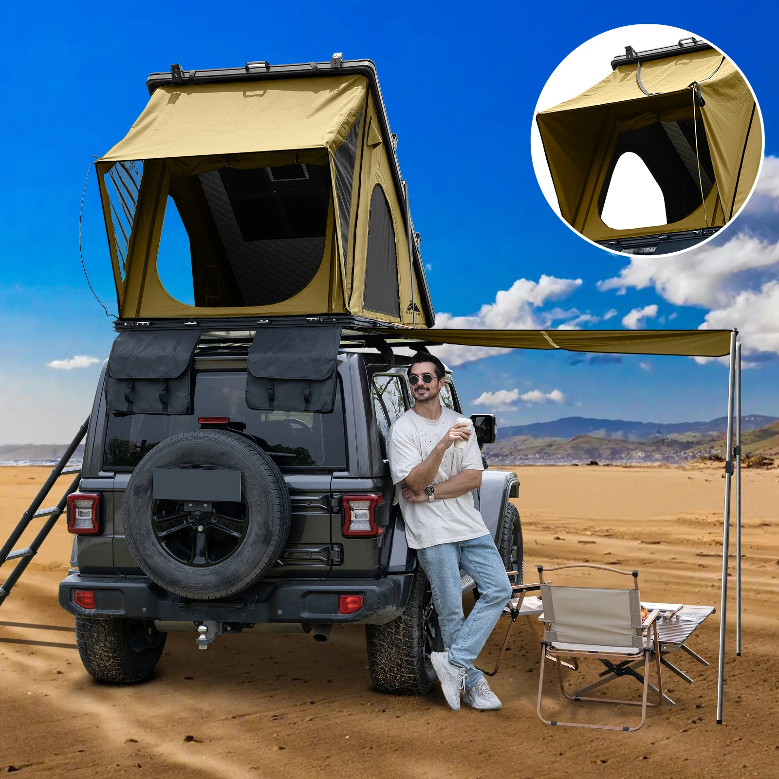 Explorer Plus Rooftop Tent Hardshell with Side Awning, Air Conditioner Outlet with Bracket & Replaceable Netting Rain Flies