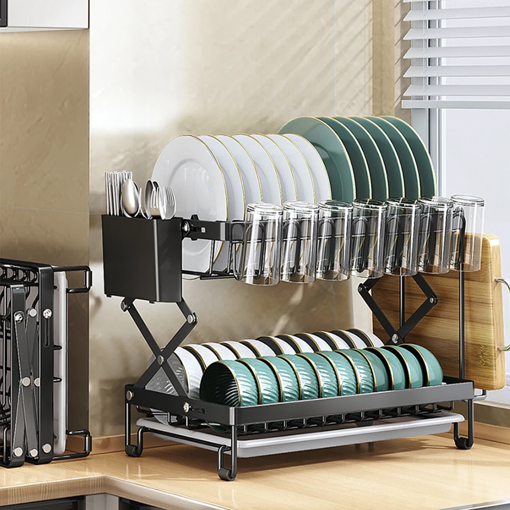 Égouttoir à vaisselle pliable à deux niveaux pour évier, en acier inoxydable, avec porte-couverts, porte-gobelets et support pour planche, organisateur de cuisine
