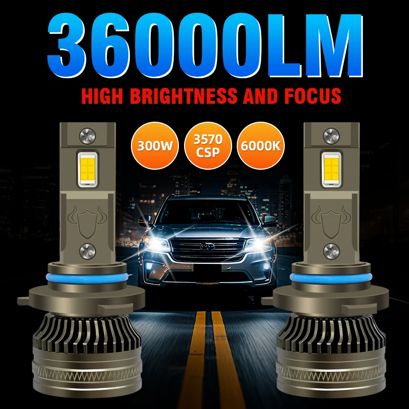 

2pcs Ultra-Bright H7 H4 Led Car Headlights H11 300W 36000Lm 6000K White 9005/HB3 9006/HB4 With Cooling Fan Longer Lifespan