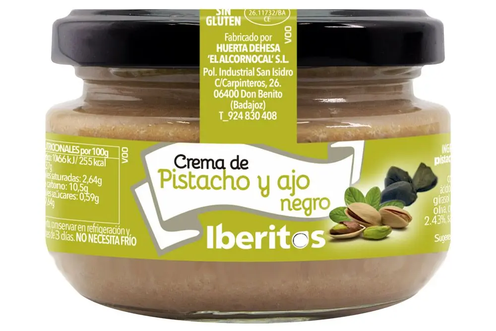 Pistacchi crema e aglio nero Iberitos in barattolo di vetro da 110g-confezione da 10 vasetti-antipasti-pistacchi-diffusione-snack-colazione