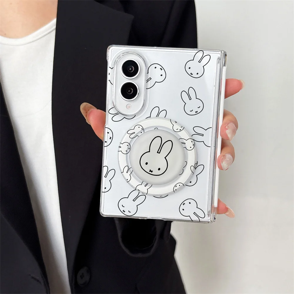 Cute Line Drawing Miffy Rabbit Transparent Magnetic Foldable PC Phone Case For Samsung Galaxy Z Fold8 Ultra Z Flip8 Hinge Shockp