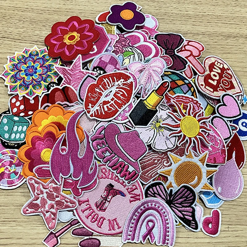 10/30/50 Stück rosa Lippenhut-Blumen-Aufnäher für Kleidung, Stickerei-Applikation, DIY-Nähzubehör, dekorativer Aufnäher zum Aufbügeln auf Kleidung