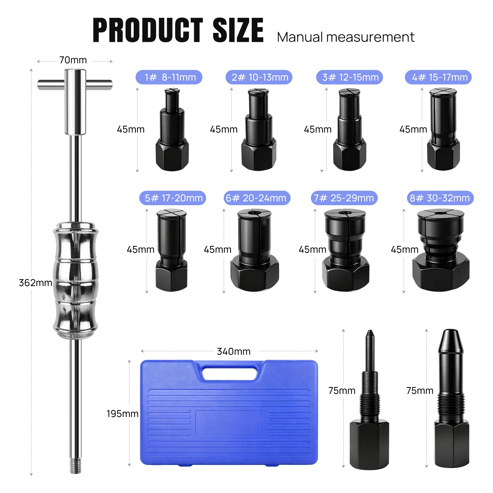 Slide hammer assembly for internal bearing puller showing 360mm length and hammer head