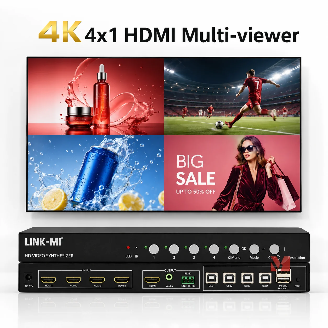 4x1 HDMI Multi-viewer 4K@60Hz KVM Function Quad Split Display Seamless Switch USB Mouse Keyboard Control IR Remote Hotkey Audio