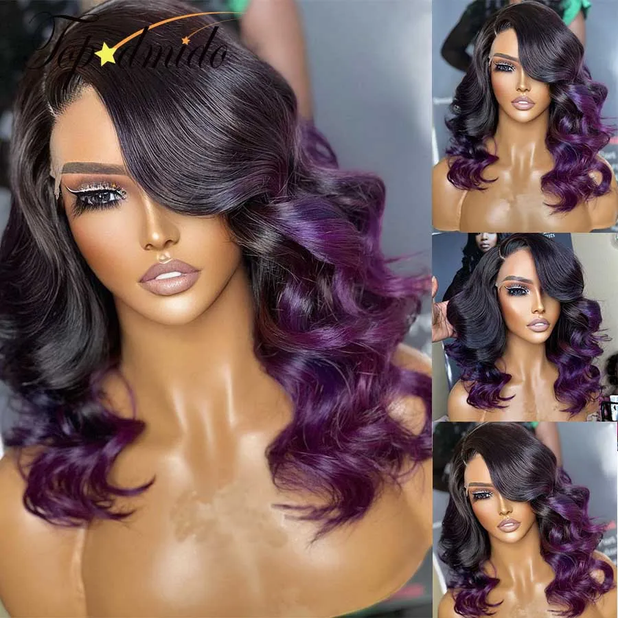 Topodmido Ombre Purple Color 13x6 Front Lace Wig with Side Part Glueless Puravian Hair Wigs 4x4 Human Remy Hair Closure Wigs