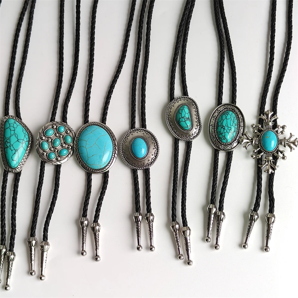 Vintage Western Turquoise Bolo Tie for Men Women Cowboy Neck Tie Adjustable Leather Cord Rodeo Western Accessories