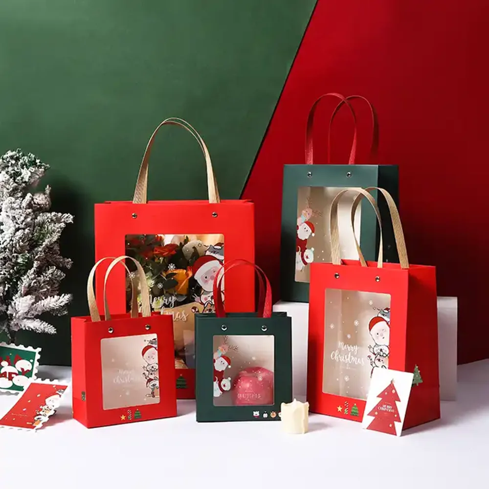 

500pcs/Lot Wholesale Custom Christmas Gifts Paper Shopping Bags With Handle Clear PVC Window Wedding Sweets Jewelry Packaging